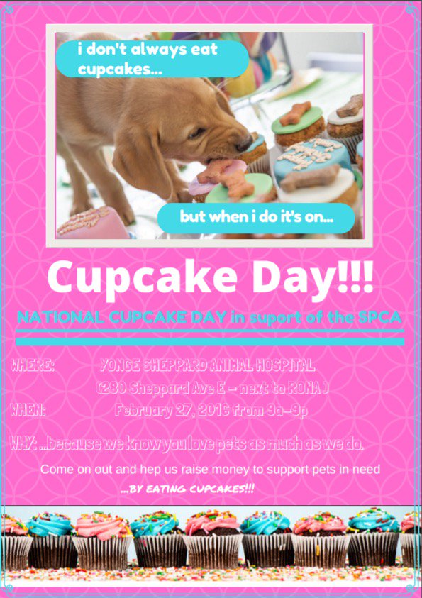 torontoanimaldr's tweet photo. #NationalCupcakeDay this Monday at Yonge Sheppard Animal Hospital .  #fundraising #dogs #Toronto #cats #party https://t.co/1idCpU1Ivq