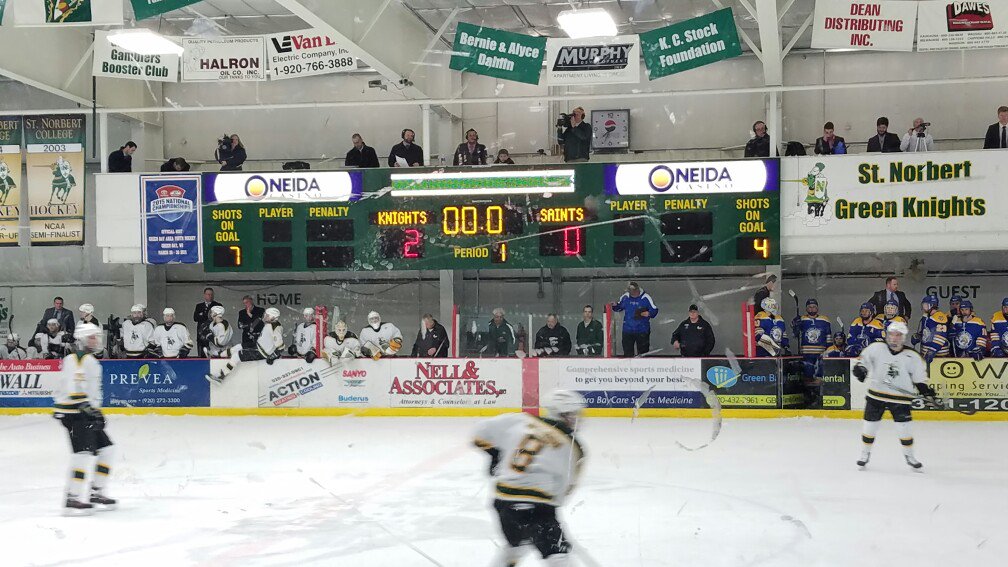mens hockey St. Scholastica 0 at St. Norbert 2; end 1st NCHA d3hky