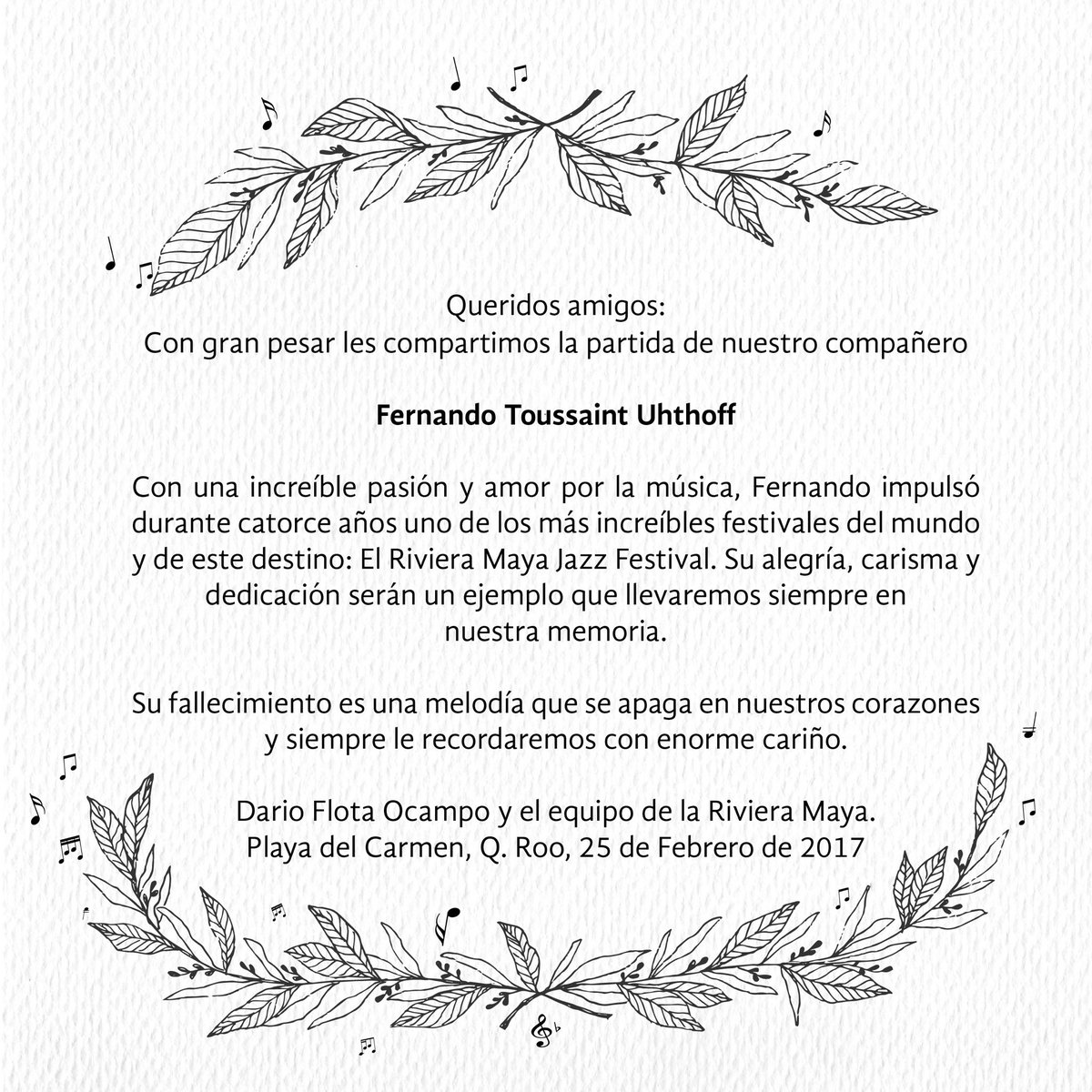 EvelynPintado's tweet photo. A nombre de todos los que tuvimos la oportunidad de trabajar con el gran #FernandoToussaint nos unimos a la pena que embarga su familia. https://t.co/SYAFZ1sr1C