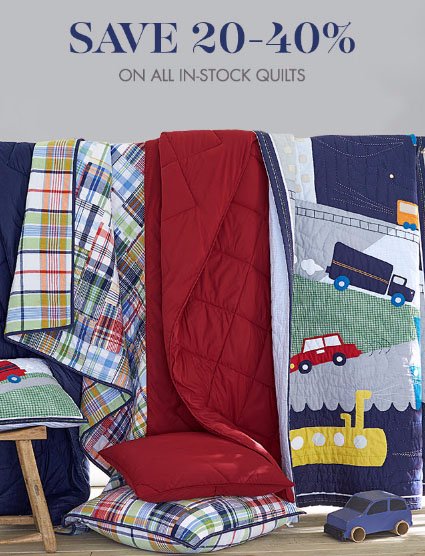 Shop in store at Pottery Barn Kids and save 20-40% on all in-stock quilts for a limited time. See store for details.