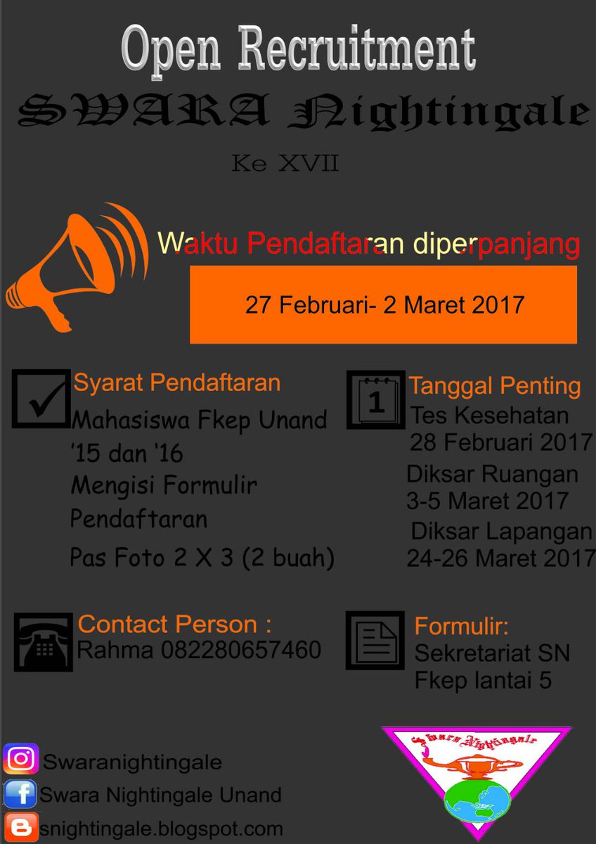 Info penting untuk calon Nightingalers, 
Waktu pendaftaran diperpanjang dari 27 Februari - 2 Maret 2017.
.
.
Salamlestari!