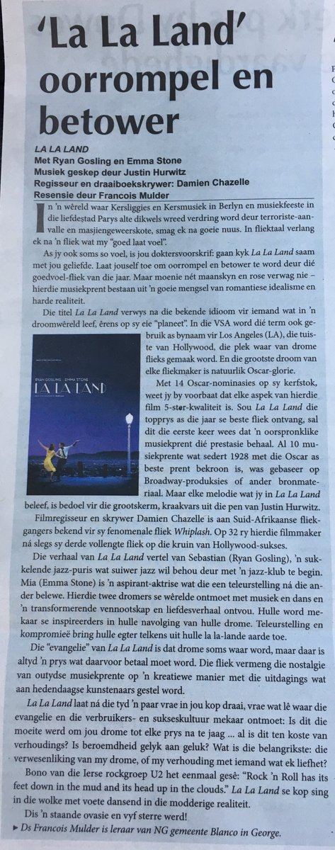 eleison1969's tweet photo. #Oscars Lees my resensie van die betowerende en oorrompelende Damien Chazelle meesterstuk "La La Land" hier: https://t.co/gKx9zB7jLZ https://t.co/nH6VxuPlHK