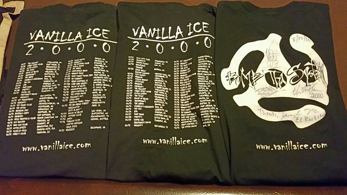 KyleCaine's tweet photo. Couple OG @vanillaice t-shirts. 2 are signed middle and far right. #SupportYourFavoriteRapper #Style #GetInWhereYouFitIn #HollaPopYoCollar๐๐ https://t.co/mckWseetli
