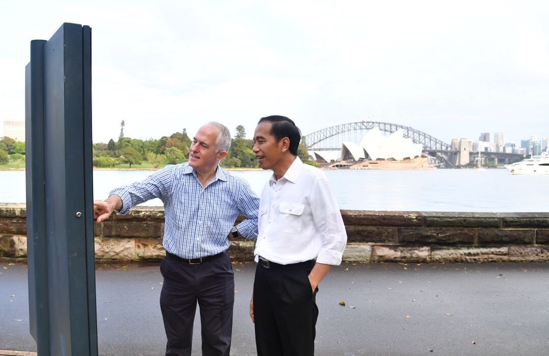 jokowi's tweet image. Tadi pagi, jalan dan menyapa warga Sydney bareng Perdana Menteri Malcolm Turnbull di Royal Botanic Garden Sydney -Jkw