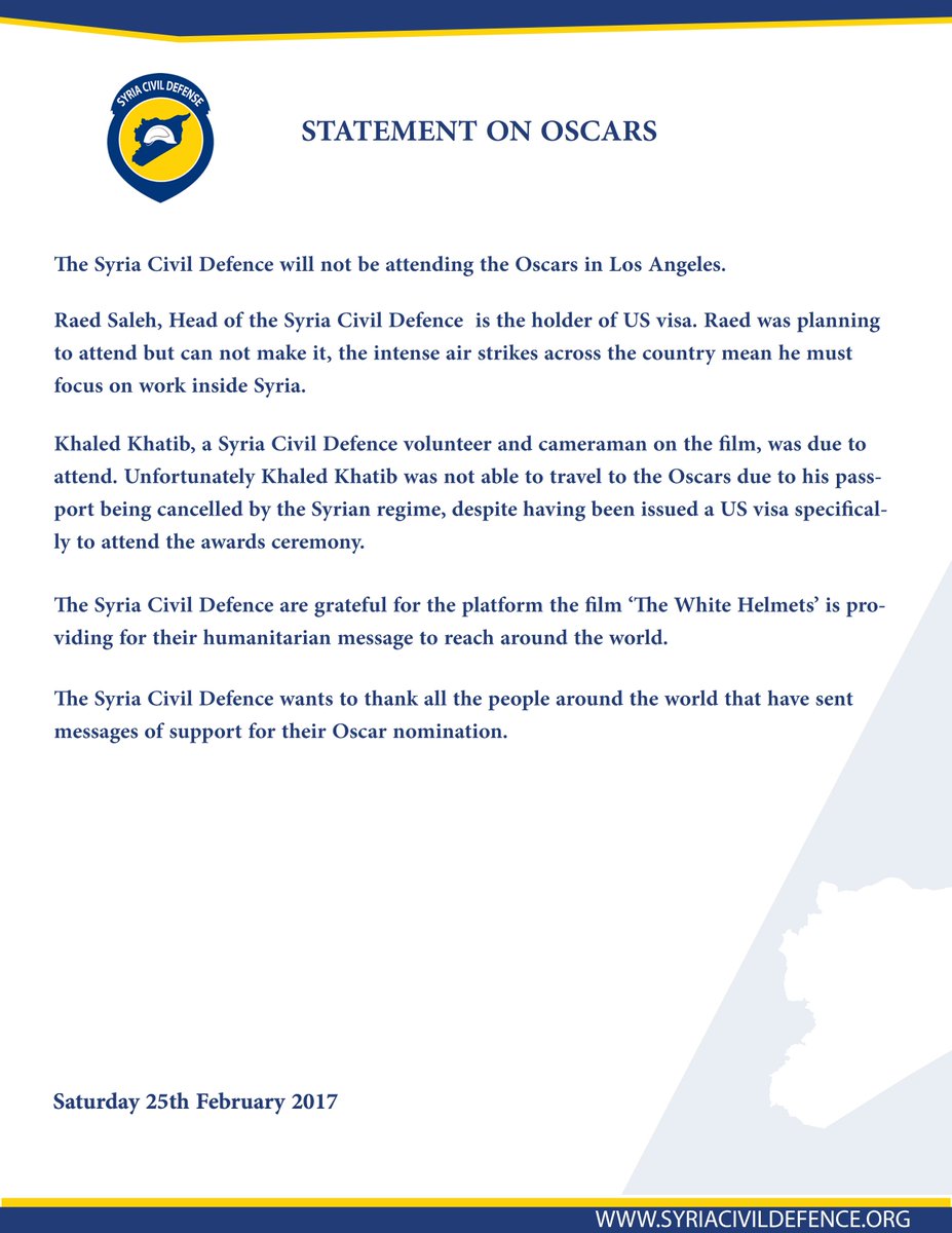 SyriaCivilDefe's tweet photo. SYRIA CIVIL DEFENCE STATEMENT ON OSCARS | SATURDAY 25TH FEBRUARY 2017
https://t.co/ewqp5BbqP8 https://t.co/Vc5YD4gTYk