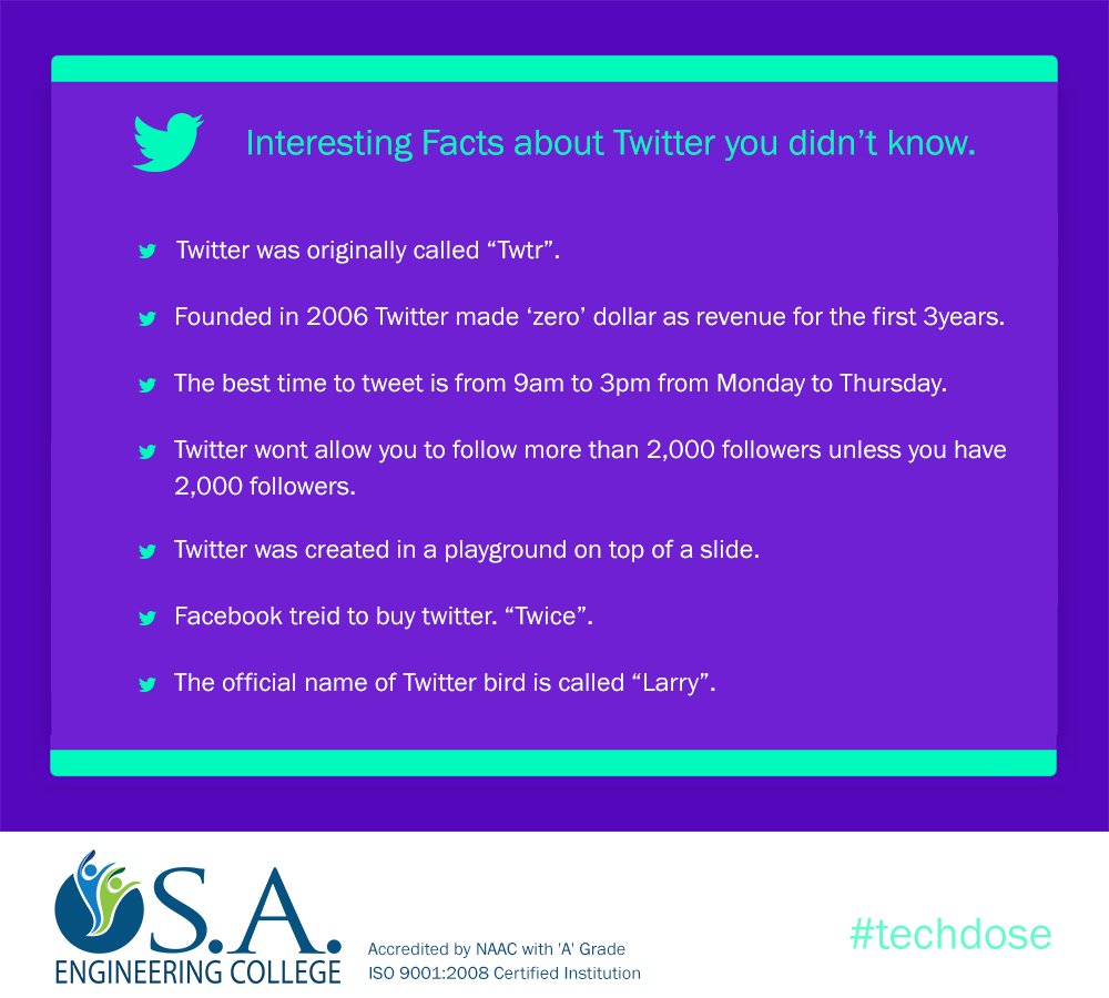 saectweets's tweet image. #techdose 
Why should #Facebook have all the fun? Thus, here some #amazing #facts about #Twitter that&apos;ll blow your mind! Check them out.