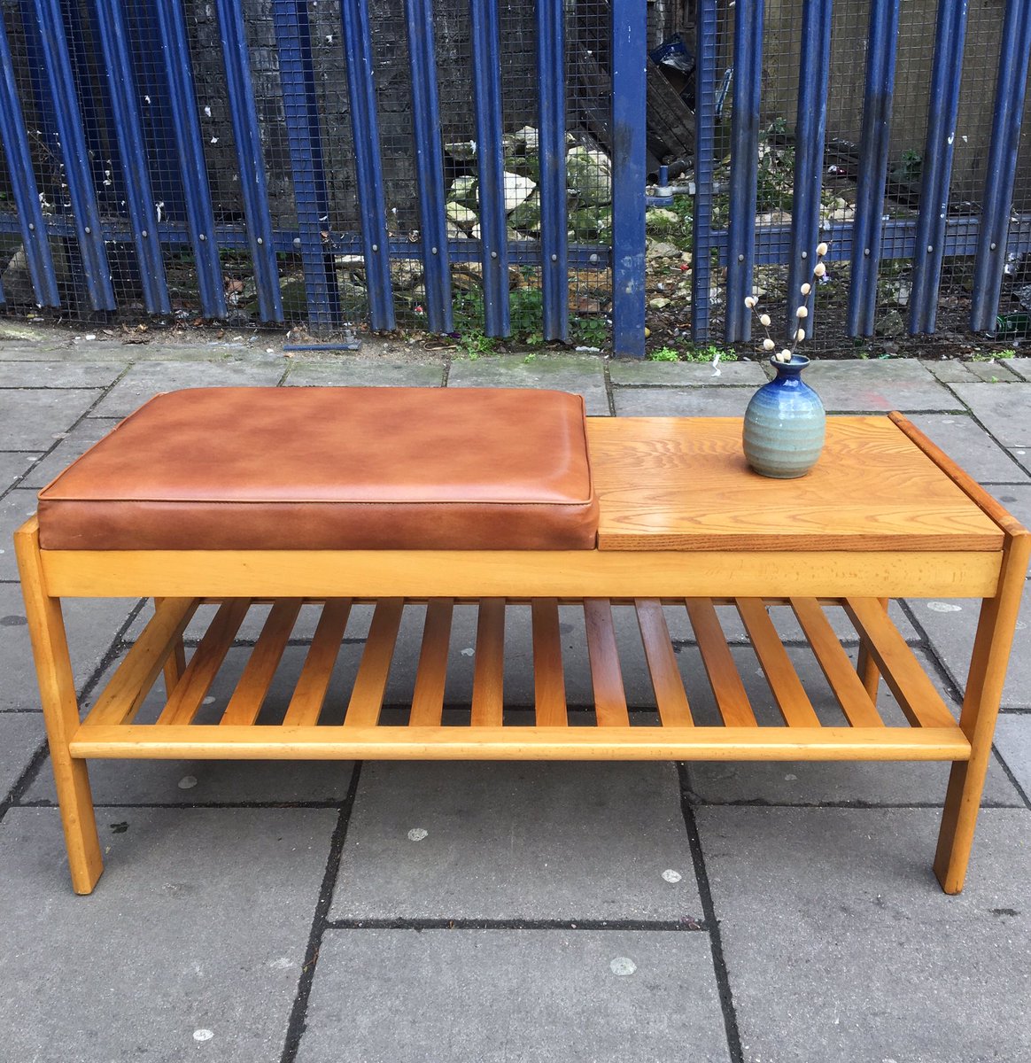 properold's tweet photo. Vintage 1970's hall telephone table seat - teak with vinyl seat-just in!
H:44cms W:94cms D:40cms
#telephonebench #slattedbench #hackney #e8 https://t.co/7vk2qtjnqx