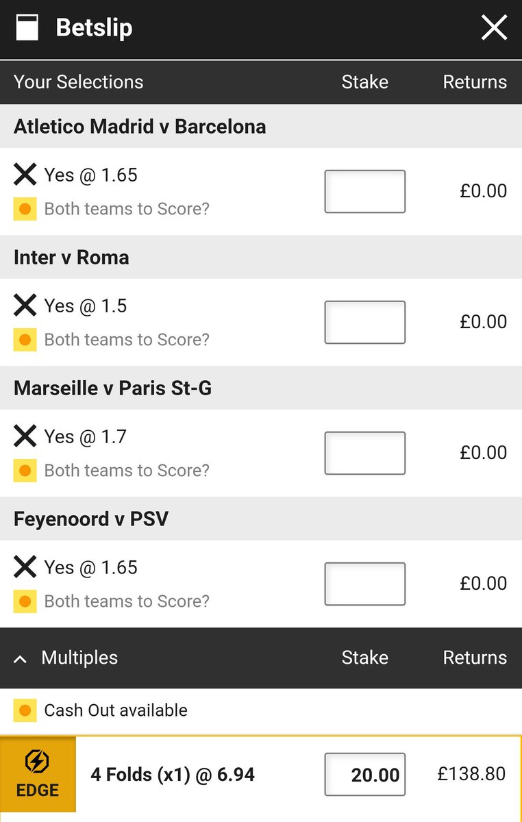 EmpireSportTips's tweet image. FUN BET Sunday BTTS 4 fold with a great chance at 6.94. Hopefully see all teams firing as they all play attacking football.