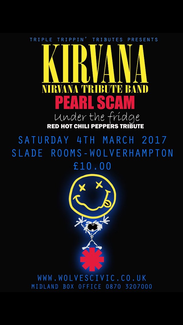 Kirvana Nirvana (@kirvana_nirvana) on Twitter photo 4/3/17
We play <a href="/thesladerooms/">Feel The Noize</a> @Wolvescivic with <a href="/pearlscamband/">Pearl Scam</a> and #RHCP tribute #UnderTheFridge #comeAlong 4/3/17
We play <a href="/thesladerooms/">Feel The Noize</a> @Wolvescivic with <a href="/pearlscamband/">Pearl Scam</a> and #RHCP tribute #UnderTheFridge #comeAlong