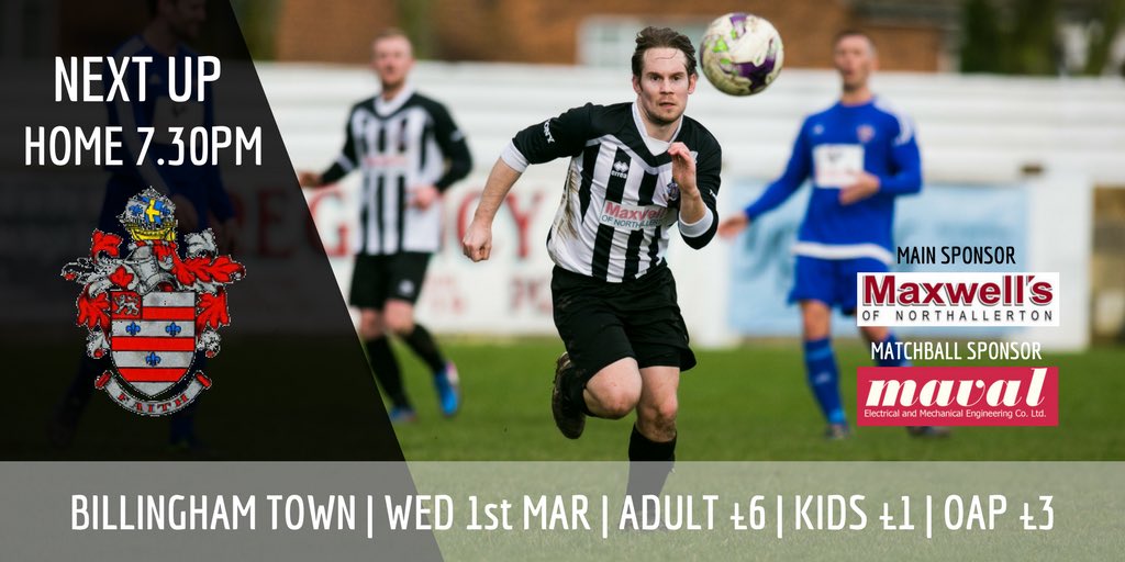 NorthallertonFC's tweet image. NEXT UP IN TOWN! 

Wednesday evening we face @BillinghamTown in the @theofficialnl 

Thanks @ShopMaxwells @MavalElectrical for your support