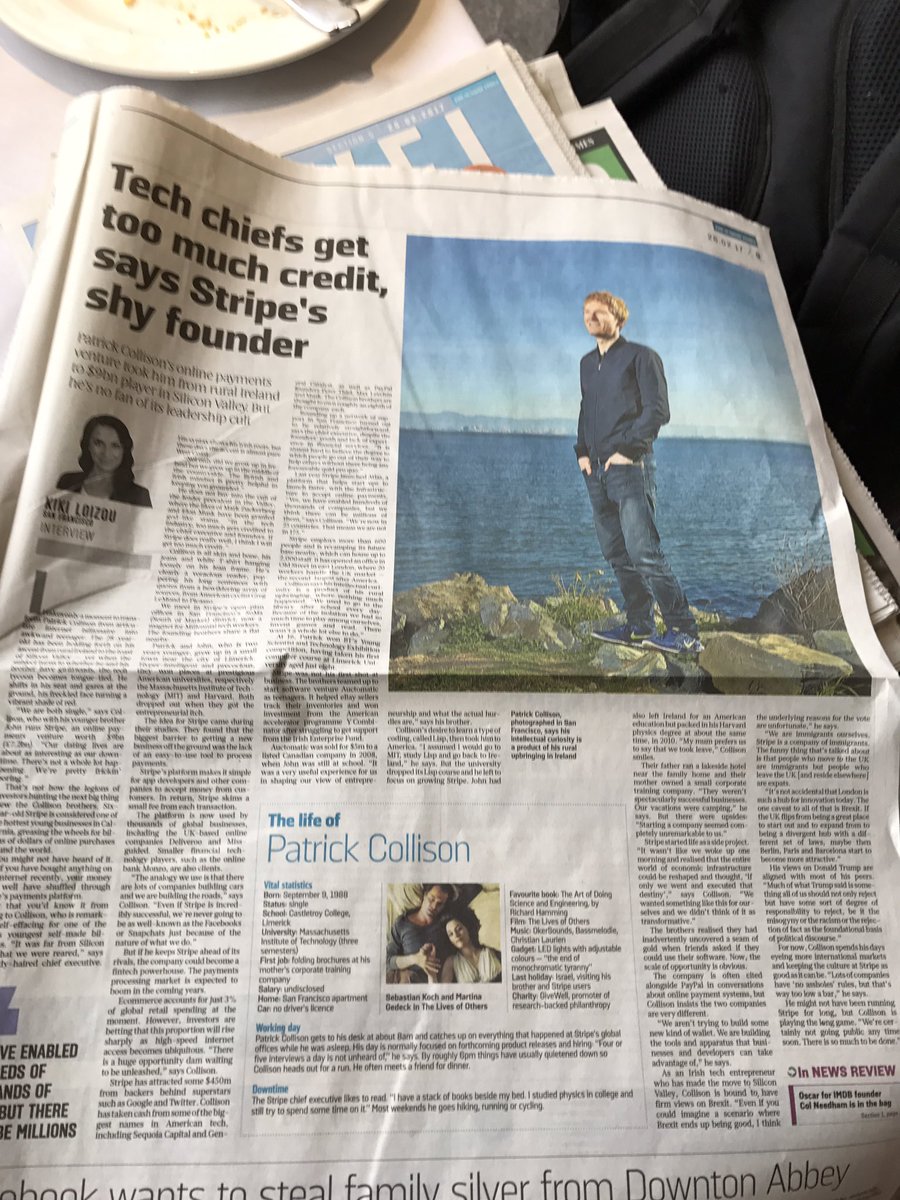 christophroche's tweet photo. Great column from @KikiLoizou today, @stripe helping me get off the ground #the times #stripe #startup #patrickcollison https://t.co/jBNVnbsGdc