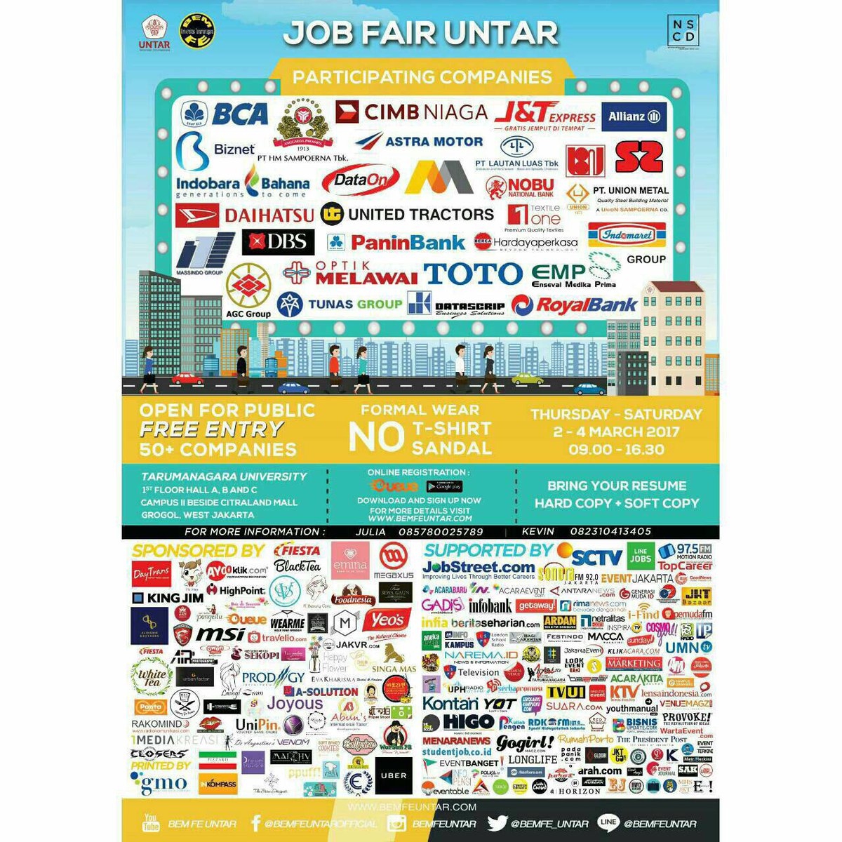 Be ready for our #JOBFAIR in March 2nd-4th, 2017! With many companies joined us and FREE ENTRY for public. Don’t miss it!
Cc: <a href="/BEMFE_UNTAR/">BEM FE UNTAR</a>