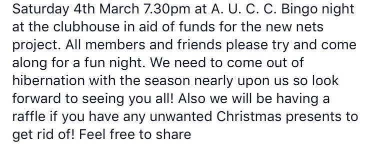 Cricketarbroath's tweet photo. To all friends and members, please see details below of the upcoming bingo night on 4th March. #AUCC #netsfund ππ»π https://t.co/k3e1zGc4rg