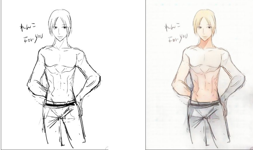 相方に「イケメン描いて」って言われたので描いたイケメン線画と、右は噂の自動着彩でその線画を塗ってみたもの。思いの外に塗りの精度高くて笑ったwどうぞお受け取り下さい。 