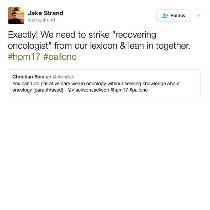 Pallimed's tweet image. #hpmTOTD Nominee #3 @jakejstrand reminds us that regardless of our discipline, we&apos;re in this together, for our patients #hpm17