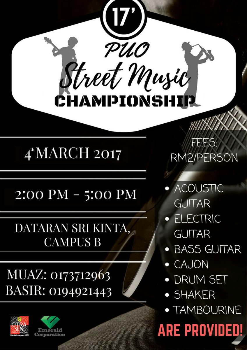 mpppuoofficial's tweet photo. Tunjukkan bakat terpendam anda melalui PUO Street Music Championship 👍😄😃
Jum ramai2 kita join 😄
 Details adalah seperti dibawah 👇 
#viralkan https://t.co/L9Av4Z7p7M
