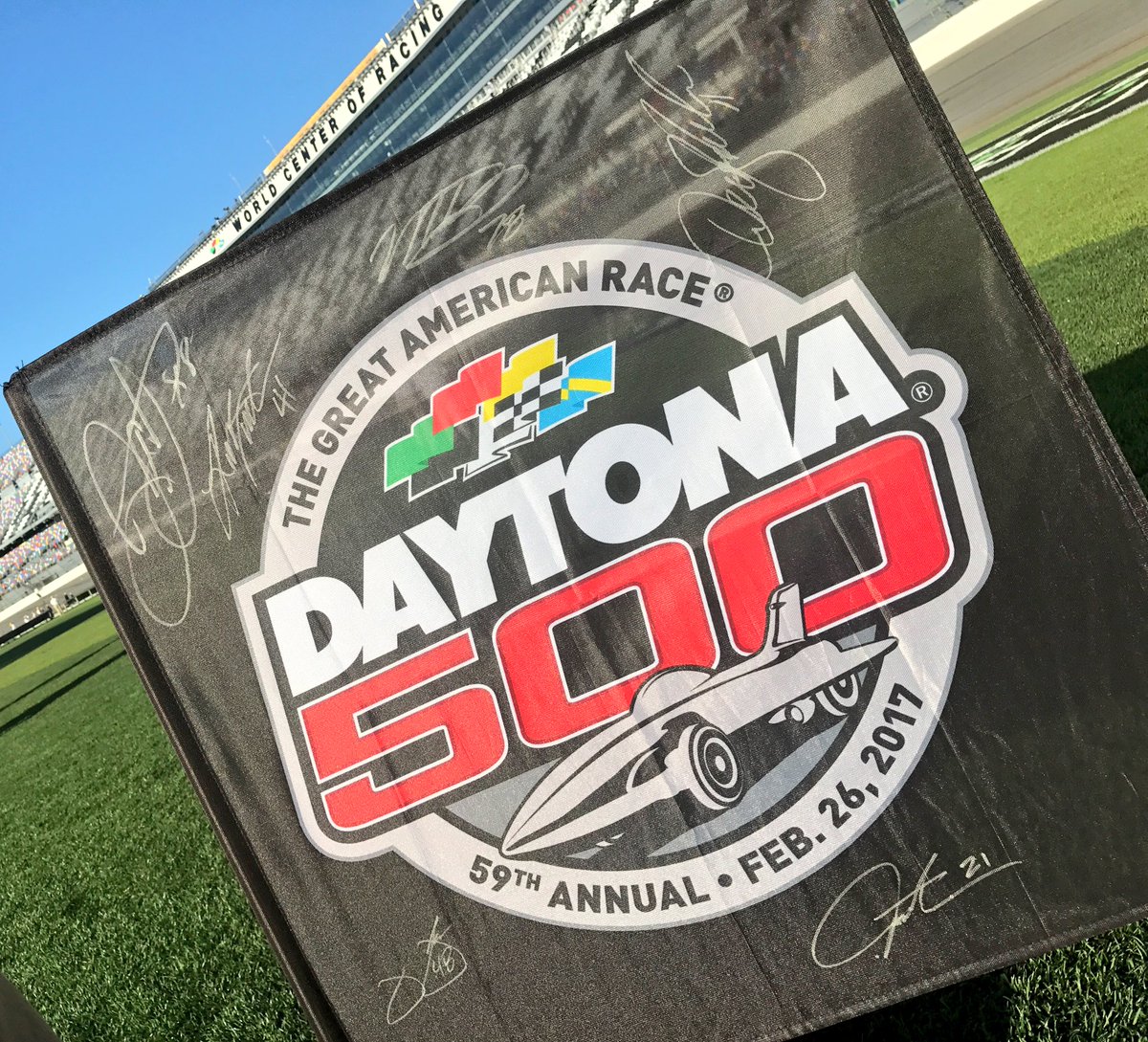 DAYTONA's tweet photo. #ROADTODAYTONA500 has reached its final destination! RETWEET for your chance to win this signed #DAYTONA500 flag! Winner picked at 8pm ET! https://t.co/UHpAdZyzPu