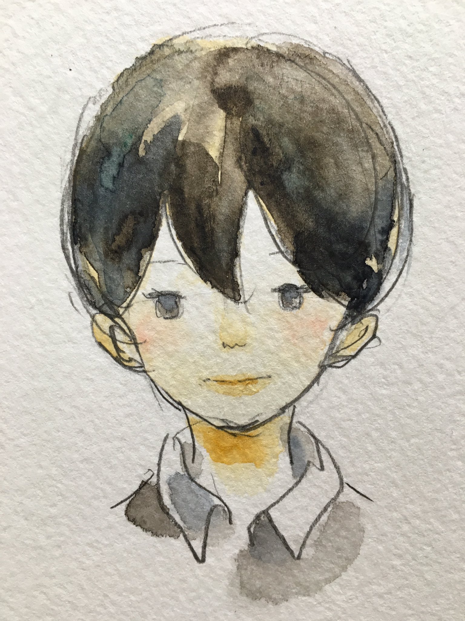 残りわずか 専用 手描きイラスト 黒髪ボブの男子 水彩画 大人気