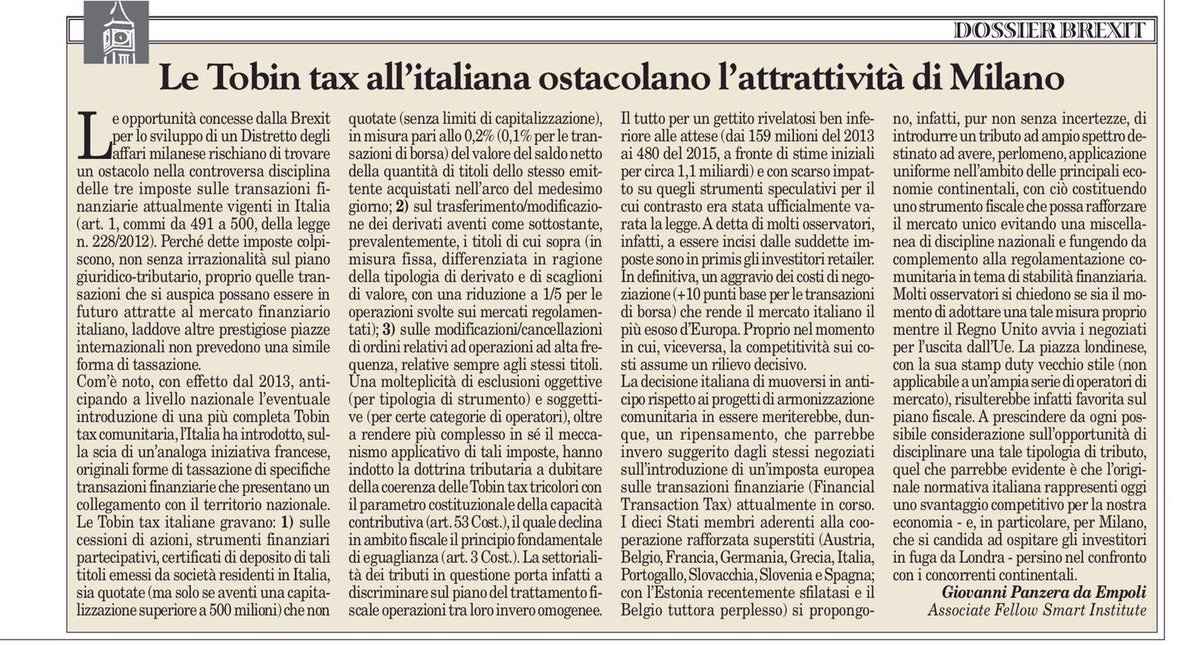 smart_inst's tweet image. #MilanoDistrettoAffari si può fare,occorre rivedere #Tobintax per attrattività #Milano dopo #Brexit lo spiega su #MF @gpde78 #EconomiaReale