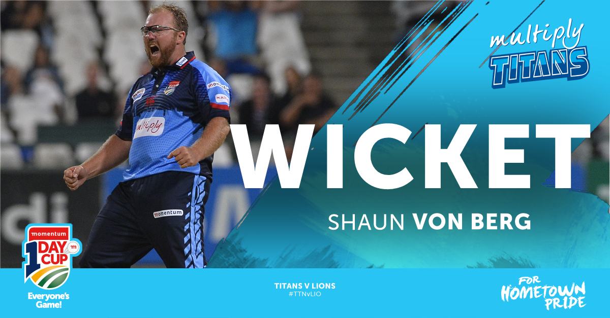 Titans_Cricket's tweet photo. WIN! von Berg the bowler &amp; Hawkin the fielder together bringing an end to the match. Pongolo (22) last Lion out.Titans win by 109 runs #MODC https://t.co/r0ggQwa4Nd