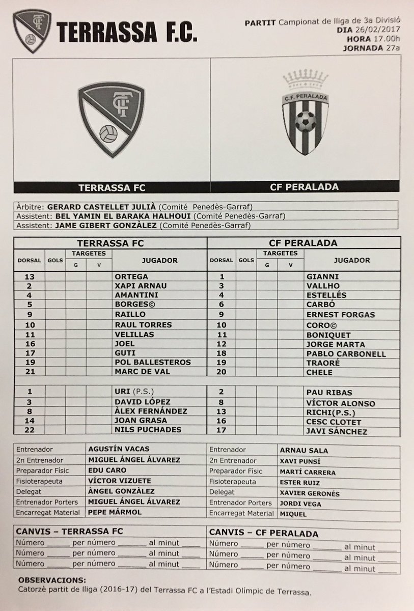 VILADEPERALADA's tweet photo. Alineaciones @TerrassaFC - @CFPeralada https://t.co/56MXf5HAiu
