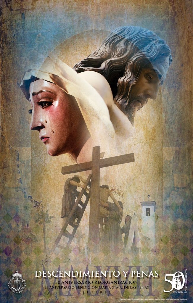 DescenLinares's tweet photo. Cartel que une ambas efemérides (50 Aniversario de la reorganización y 25  de la llegada de las Penas) realizado por Juan López Jiménez. https://t.co/Yw3VfaToAO