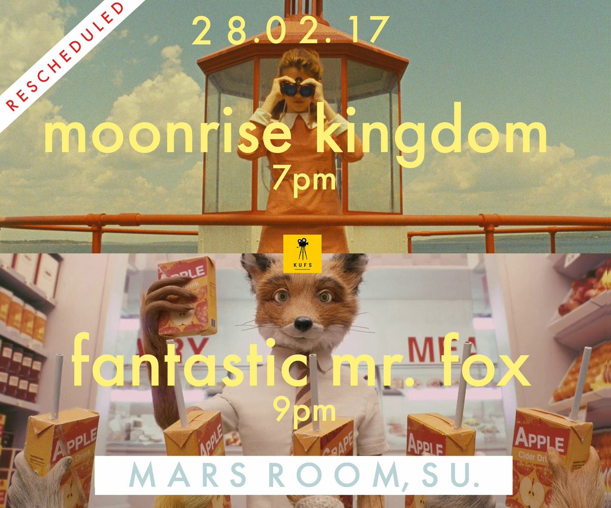 KUFS1's tweet image. On Tuesday 28th, we'll have our rescheduled screening of Wes Anderson flicks Fantastic Mr Fox &amp;amp; Moonrise Kingdom!