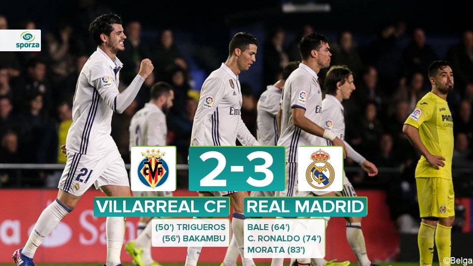 sporza's tweet photo. Real Madrid kruipt door het oog van de naald en stoot Barcelona weer van de eerste plek: https://t.co/mo7MRxskaa #vilrma #vilrea https://t.co/zUIAndBm2K