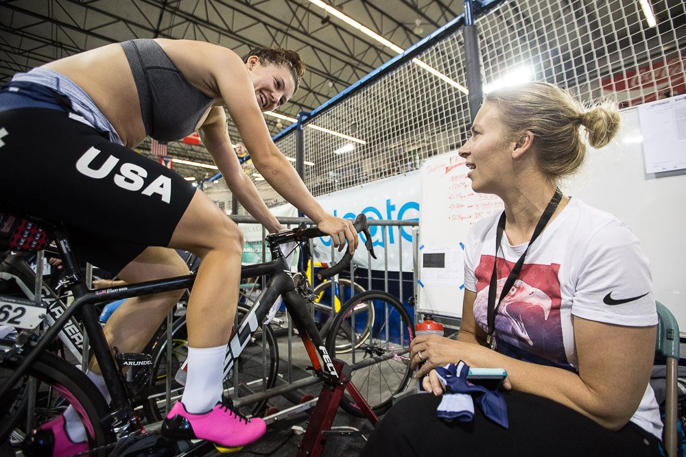 USTrackCycling's tweet photo. All smiles! Current IP world record holder, @SarahHammer, congratulates her #TEAMUSA teammate @chloedygert30 on qualifying FIRST in the IP! https://t.co/dJRUhc4gPy