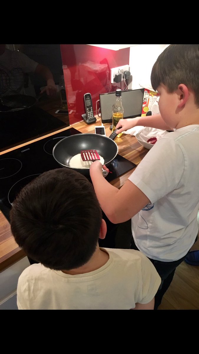 AlexSheach's tweet photo. Pancake day arrived early! Cole and Blair making delicious pancakes - yum yum! @MissWalkerP6W and P4 Miss Mitchell @MorayPS #MorayLit2017 https://t.co/ywlR1gXIYd