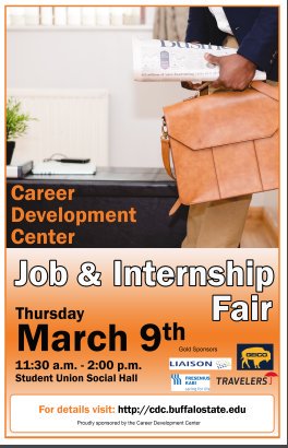 LifeatBuffState's tweet photo. Looking to apply some of those #skills? Come to the Job &amp; Internship Fair! 3/9, 11:30AM-2PM in the Union Social Hall. @BuffaloStateCDC https://t.co/ZlrlyVLdvN