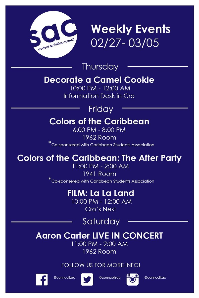 ConnCollSAC's tweet image. EVENTS THIS WEEK! COOKIE DECORATING, COLORS OF THE CARIBBEAN, LA LA LAND, AND AARON CARTER LIVE!