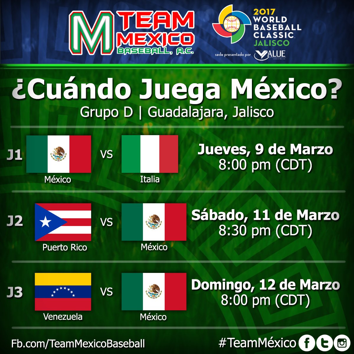 ¿Ya sabés cuándo juega México en Jalisco? Miralo aquí 👇 y Ayúdanos a compartir! 😀 
#ClásicoMundialdeBéisbol #WBCJal2017 #TeamMéxico 🇲🇽