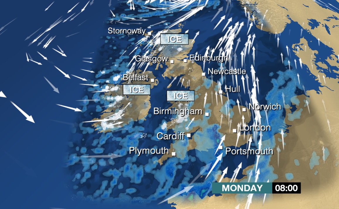 bbcweather's tweet photo. Could be quite an unpleasant commute Mon am. Ice, rain or wind, depending where you are. Latest forecast here: https://t.co/HXBLrgi841 LM https://t.co/w5coRFkaD7