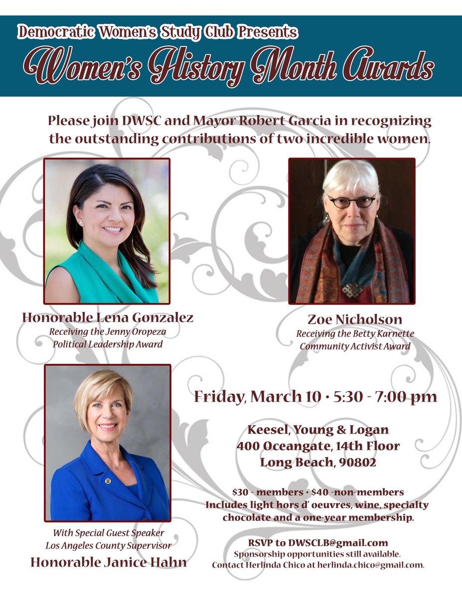 Join us 3/10 honor Women of the Year Hon. Lena Gonzalez  &amp; Zoe Nicholson w/ Supervisor Hahn. @lenagonzalezlb @onlinewithzoe <a href="/SupJaniceHahn/">Janice Hahn</a>