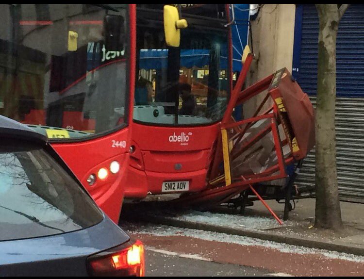 SaveTaxi's tweet photo. Bus mounts pavement this afternoon at Denmark Hill. https://t.co/QlCuGMc7EH
