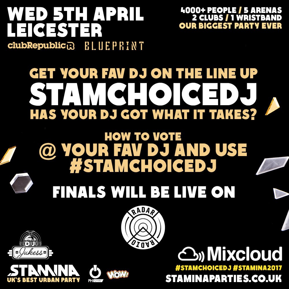 StaminaParties's tweet photo. #STAMCHOICEDJ VOTING ENDS IN 24 HOURS !!!!! 

GET YOUR FAV DJ ON THE LINE UP TIME IS TICKING ⏳

FINALISTS ANNOUNCED TOMORROW https://t.co/1uyTCI96hc
