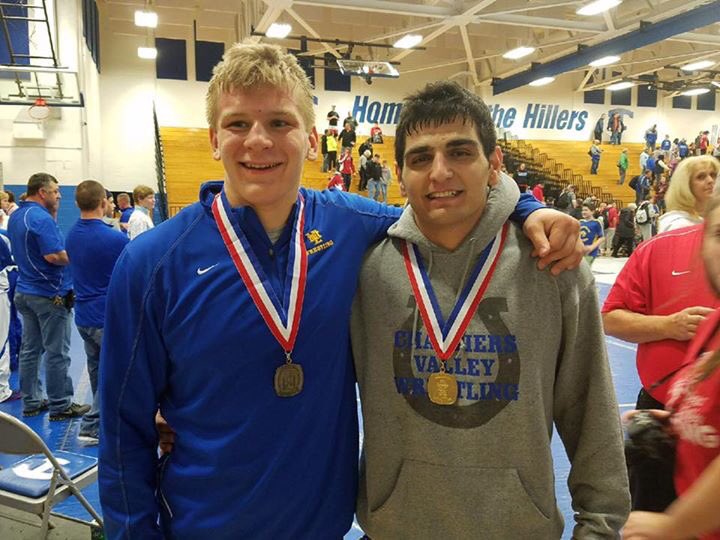 LeboWrestling's tweet photo. Nathan Hoaglund pictured with former Lebo wrestler Shamil Zaynullaev (Chartiers Valley). Was great to see both place at 220 lbs! #WpialPride https://t.co/tXCoyOMlzT