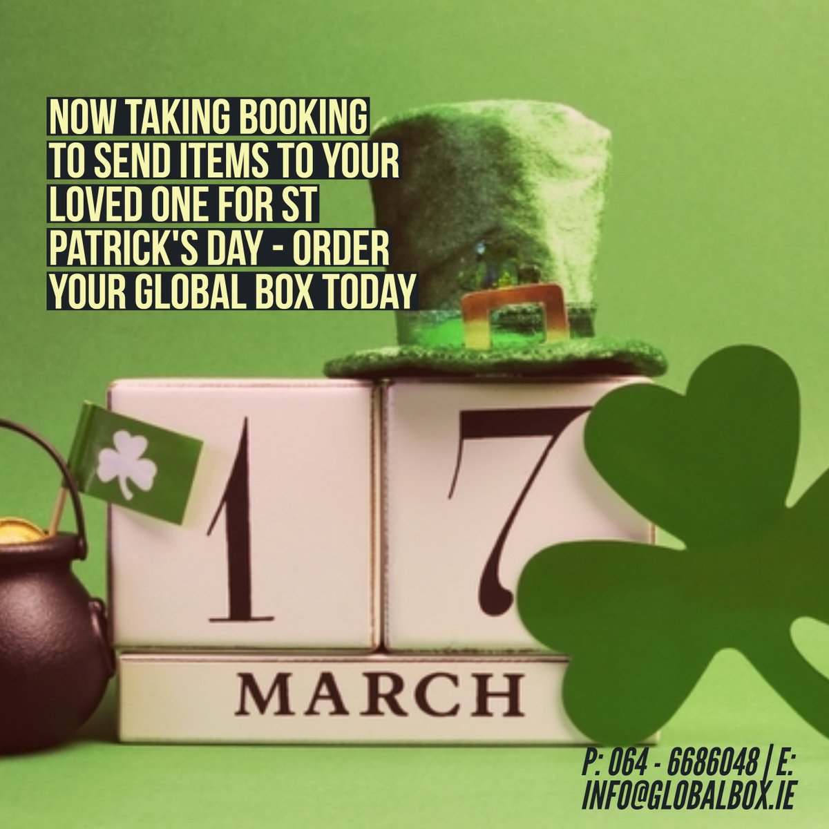 GlobalBoxIRE's tweet image. Now taking bookings to send your St Patricks Day Gifts to loved ones #Ireland #Uk #Europe #Delivery #Courier globalbox.ie
