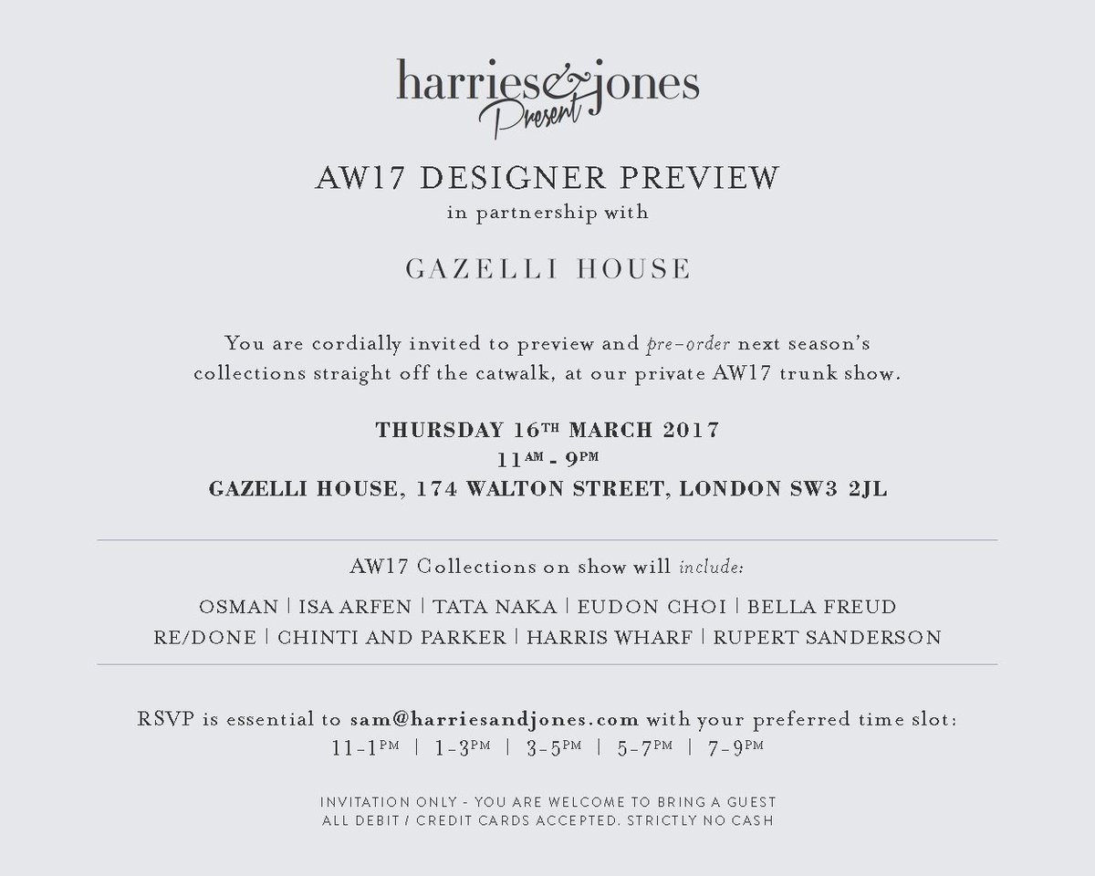 Join us for an exclusive A/W Winter 2017 preview. RSVP essential. #harriesandjones