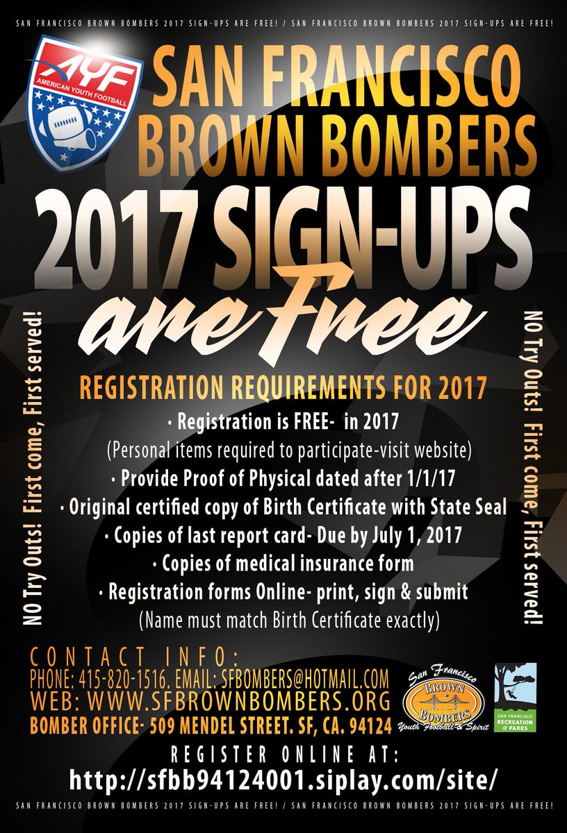 SFBOMBERS1's tweet photo. Support SF Youth, Bombers FREE reg. for 2017! Invest in Youth NOW, so we dont have to intervene later. #FREESFB https://t.co/SgF8599WHd