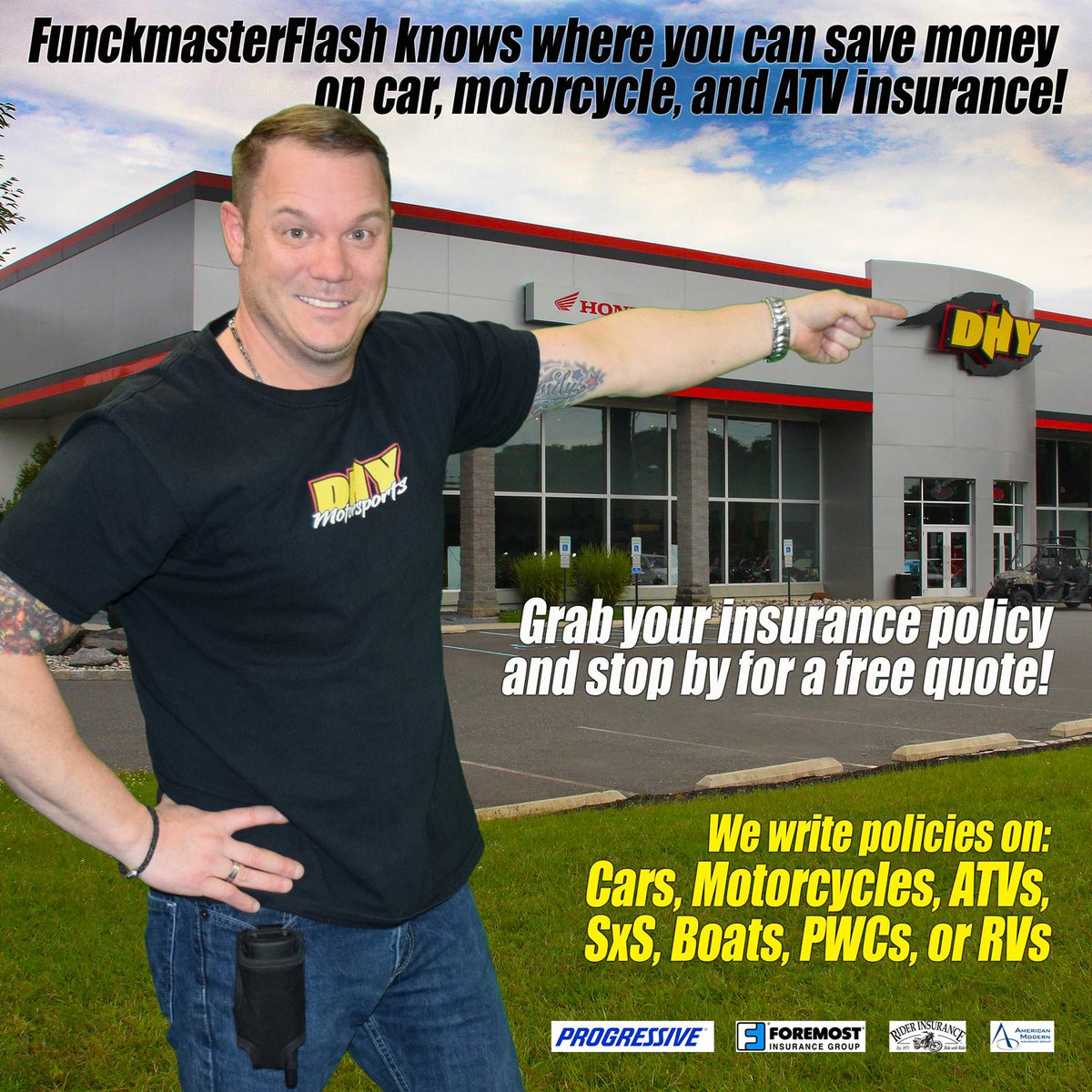 DHYNJ's tweet photo. #DHYInsurance can save you money on your car, motorcycle, or any rec vehicle insurance. they're #FunckmasterFlash approved! Come in and save https://t.co/FOnhlj5VM9