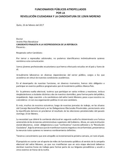 Atropello_ecu's tweet photo. @andrespaezec SOS nos obligan a funcionarios públicos a declarar que apoyamos  la candidatura de L. Moreno para mantener nuestros trabajos. https://t.co/Lavgvk2ddF