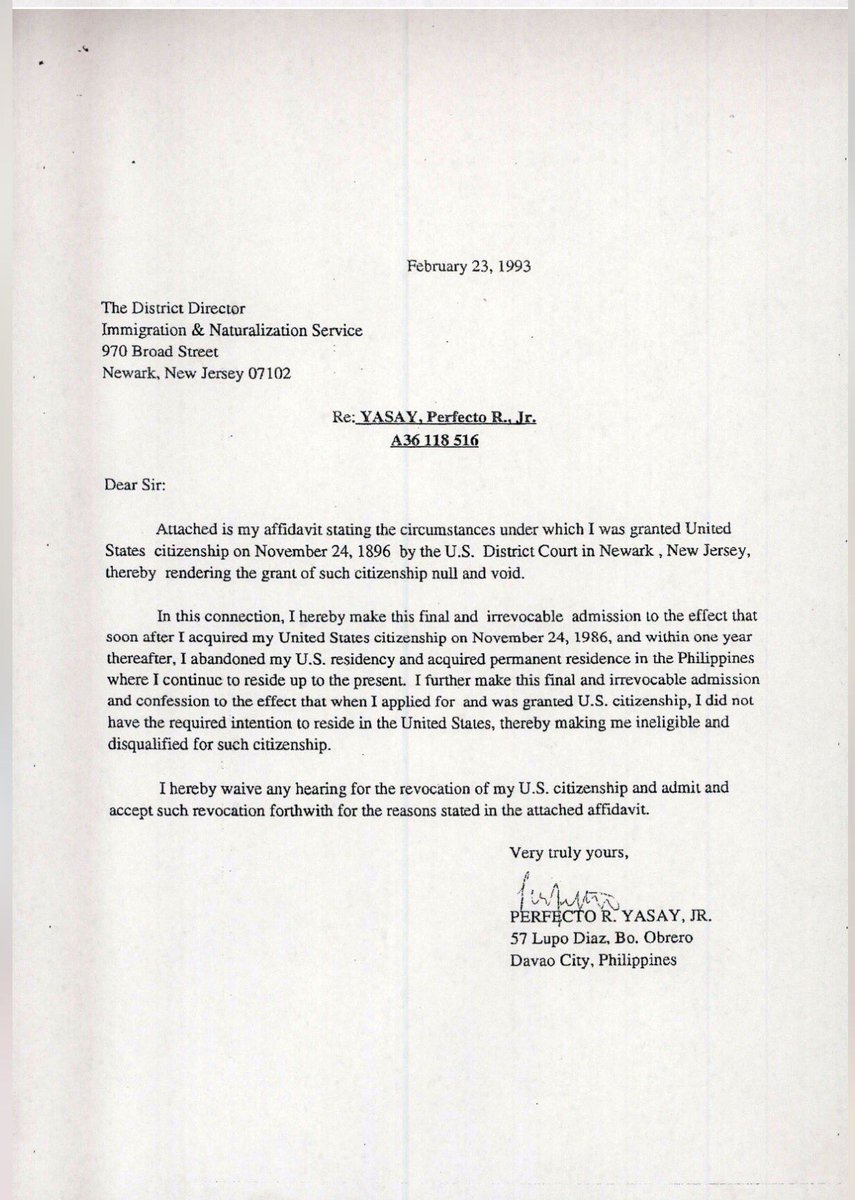 julietlabjINQ's tweet photo. DFA Sec Perfecto Yasay affidavit stating he was given US citizenship and took oath Nov. 26, 1986 contrary to his statements. https://t.co/Hy2GfuEYdm