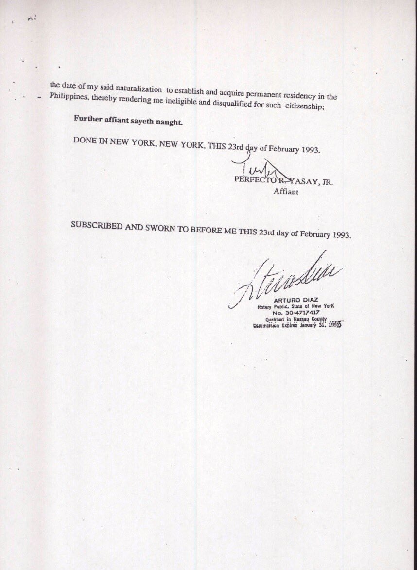 julietlabjINQ's tweet photo. DFA Sec Perfecto Yasay affidavit stating he was given US citizenship and took oath Nov. 26, 1986 contrary to his statements. https://t.co/Hy2GfuEYdm