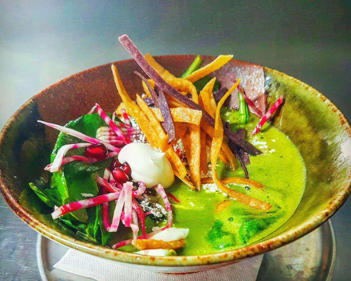 Stop by and warm up with this colourful creation! Our #soupoftheday is a #creamy #spinach and #cheese #fiesta 🎉 #mexican #tacosandtequila 🌮🍽
