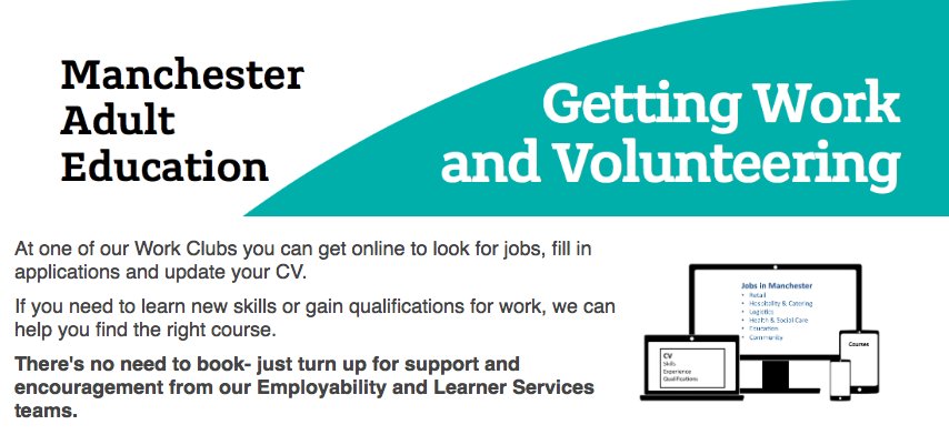 ManAdultEd's tweet photo. Get help with your #JobSearch at our #WorkClubs! Today at #Greenheys, #MossSide & #Forum, #Wythenshawe
https://t.co/Teql5DiKBG
@MCCMossSide https://t.co/gAp1lJ62HJ