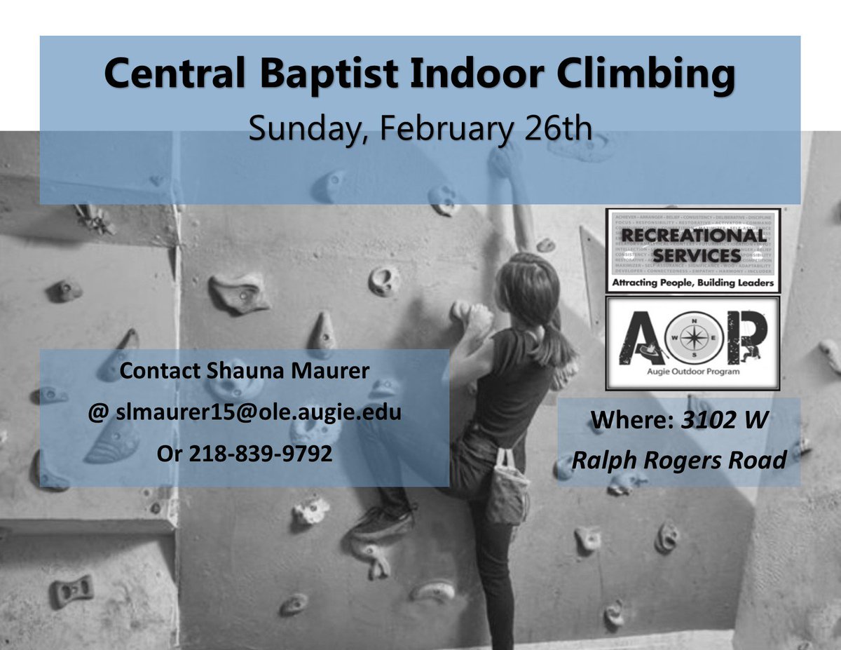 Join us for climbing tonight 730pm-10pm at Central Baptist for climbing!