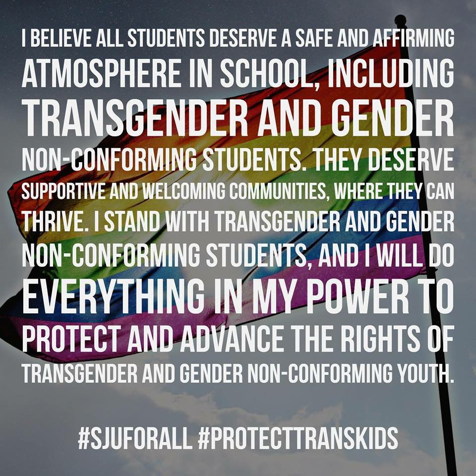 hawks4hillary's tweet photo. Stop by the #SJUforALL and @SJUPride table in Campion this Monday/Tuesday to sign a pledge of support for trans youth. #protecttranskids https://t.co/XcrKGRhYWT