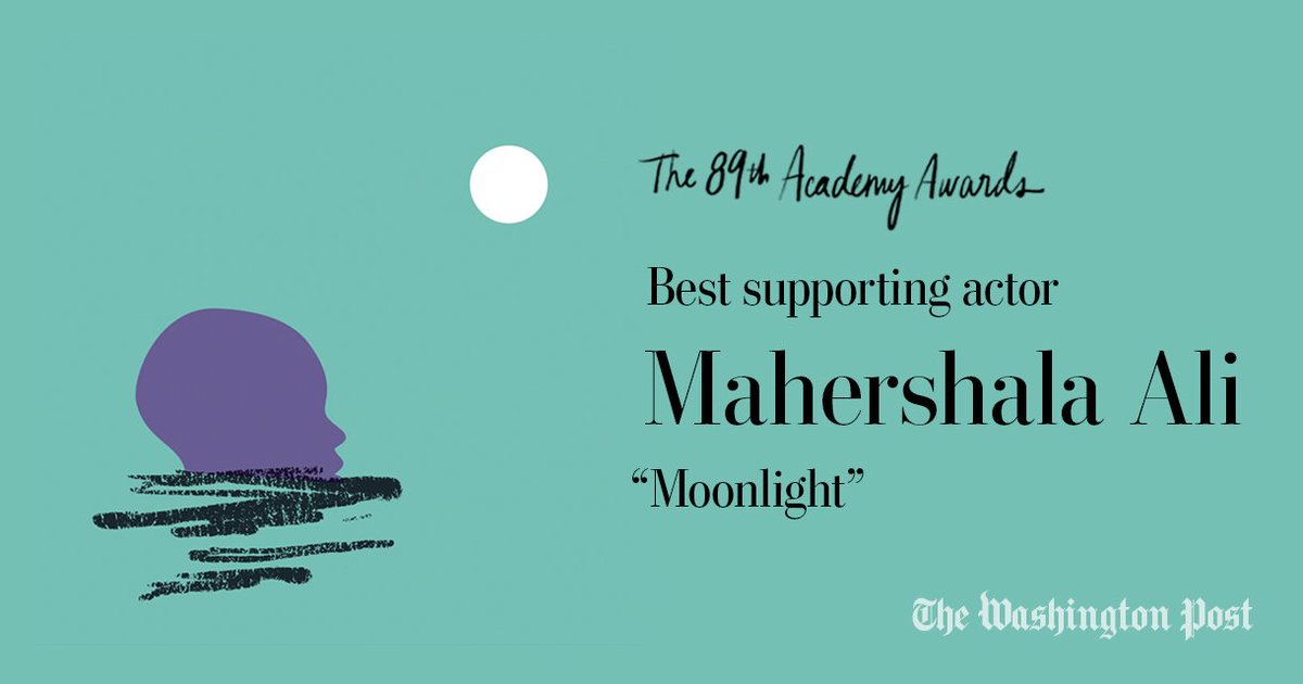 washingtonpost's tweet photo. Mahershala Ali wins the Oscar for best supporting actor, for his role in "Moonlight." https://t.co/rvSclgxiHF https://t.co/g1hjofp4k8